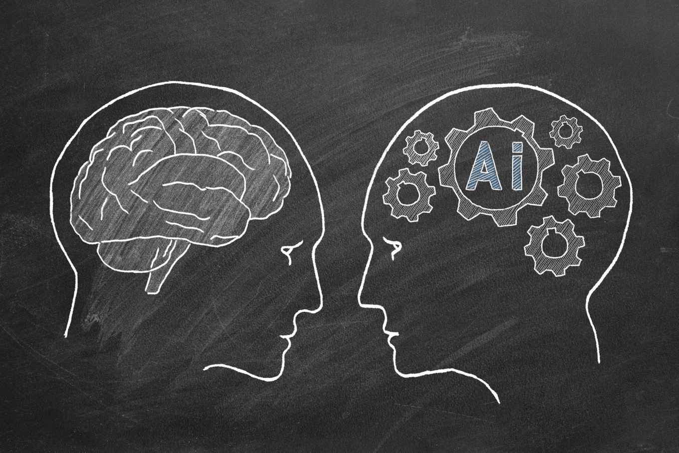 menselijk en Ai brein op schoolbord getekend