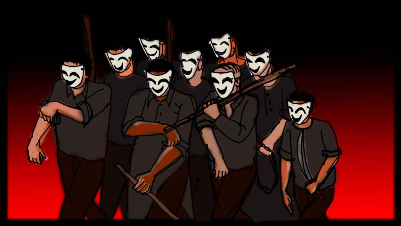 Tekening van een menigte met maskers op en wapens in de hand